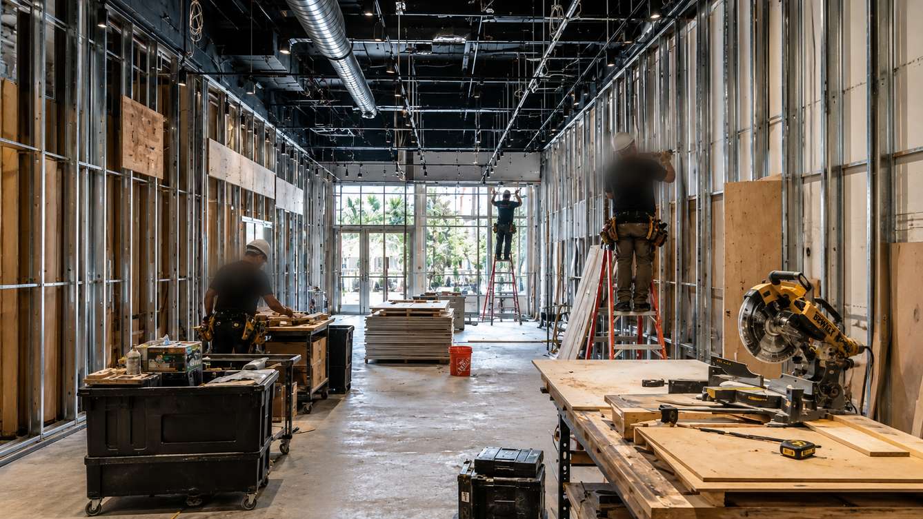 A commercial interior under fit-out &mdash; metal stud framing, exposed services and a bench saw