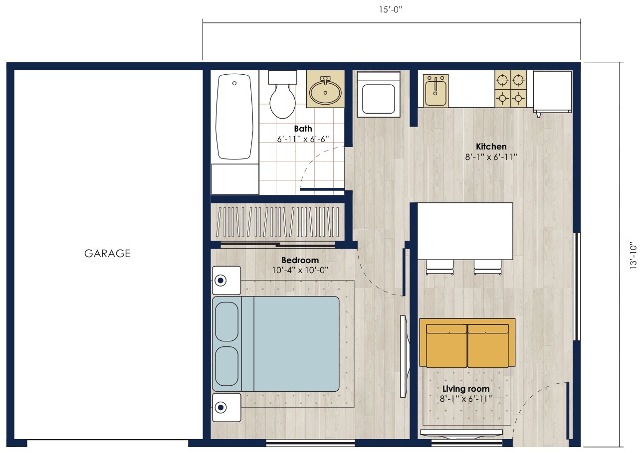 Floor plan: 208 square foot 1 bed, 1 bath accessory dwelling unit