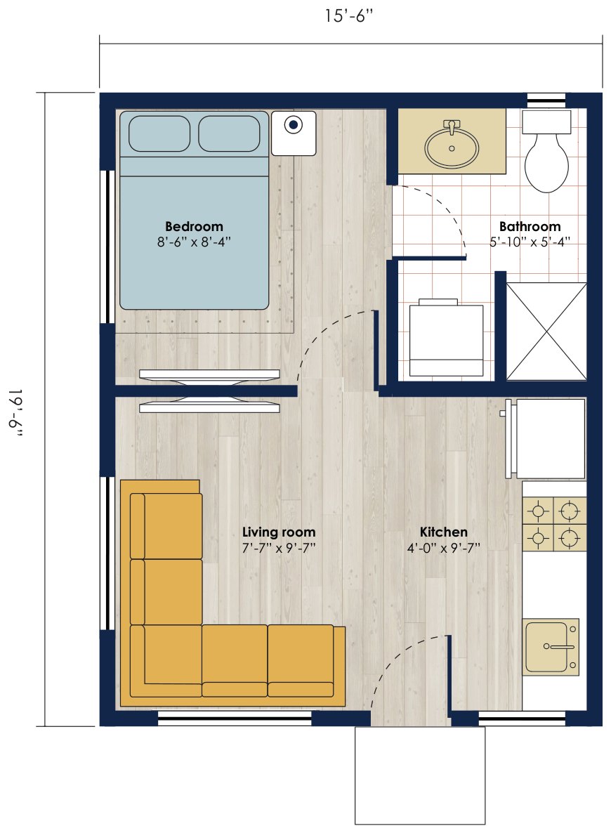 Floor plan: 302 square foot 1 bed, 1 bath accessory dwelling unit