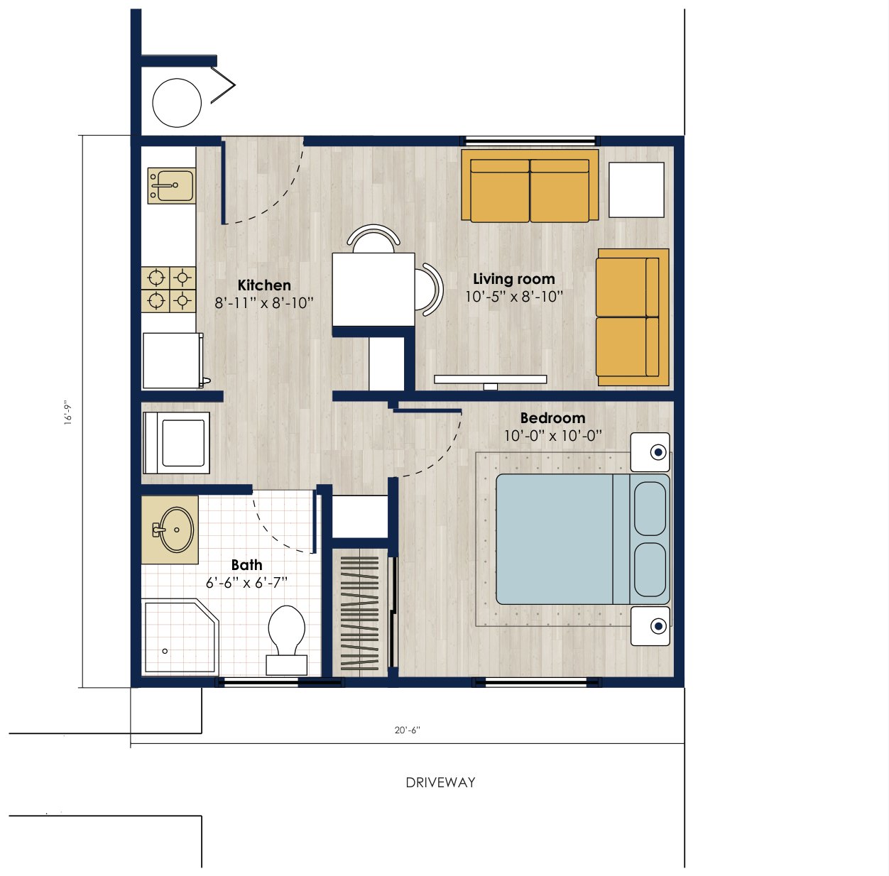 Floor plan: 343 square foot 1 bed, 1 bath accessory dwelling unit