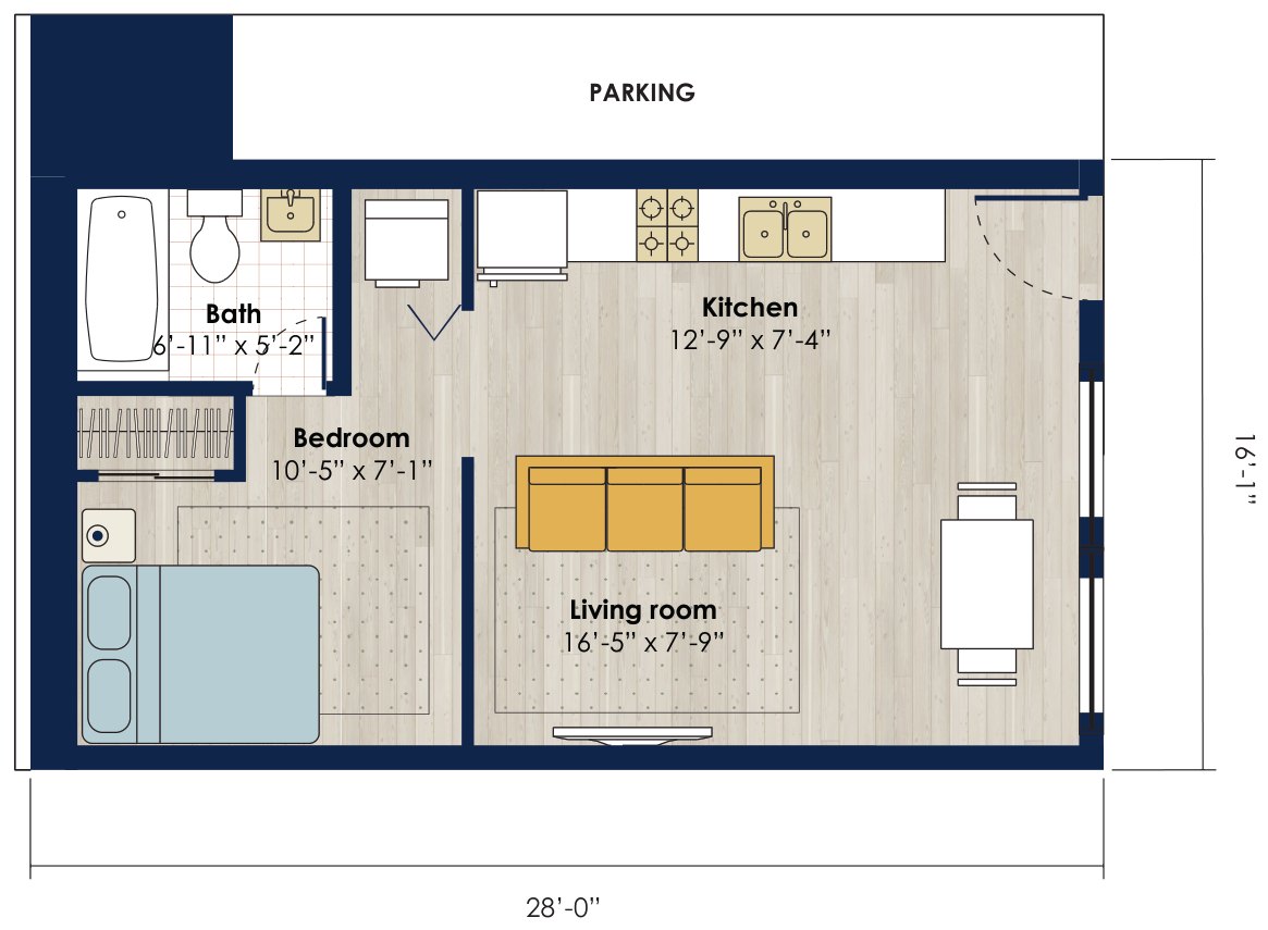 Floor plan: 448 square foot 1 bed, 1 bath accessory dwelling unit
