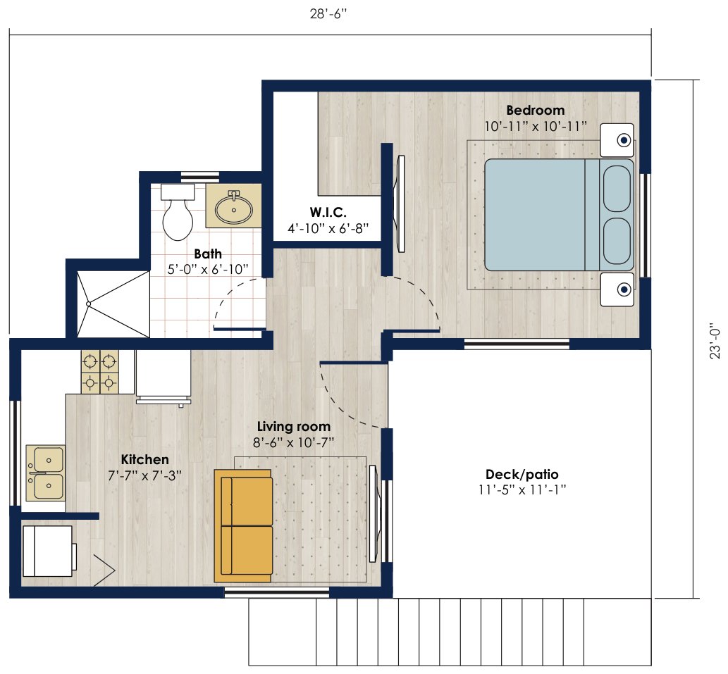 Floor plan: 455 square foot 1 bed, 1 bath accessory dwelling unit