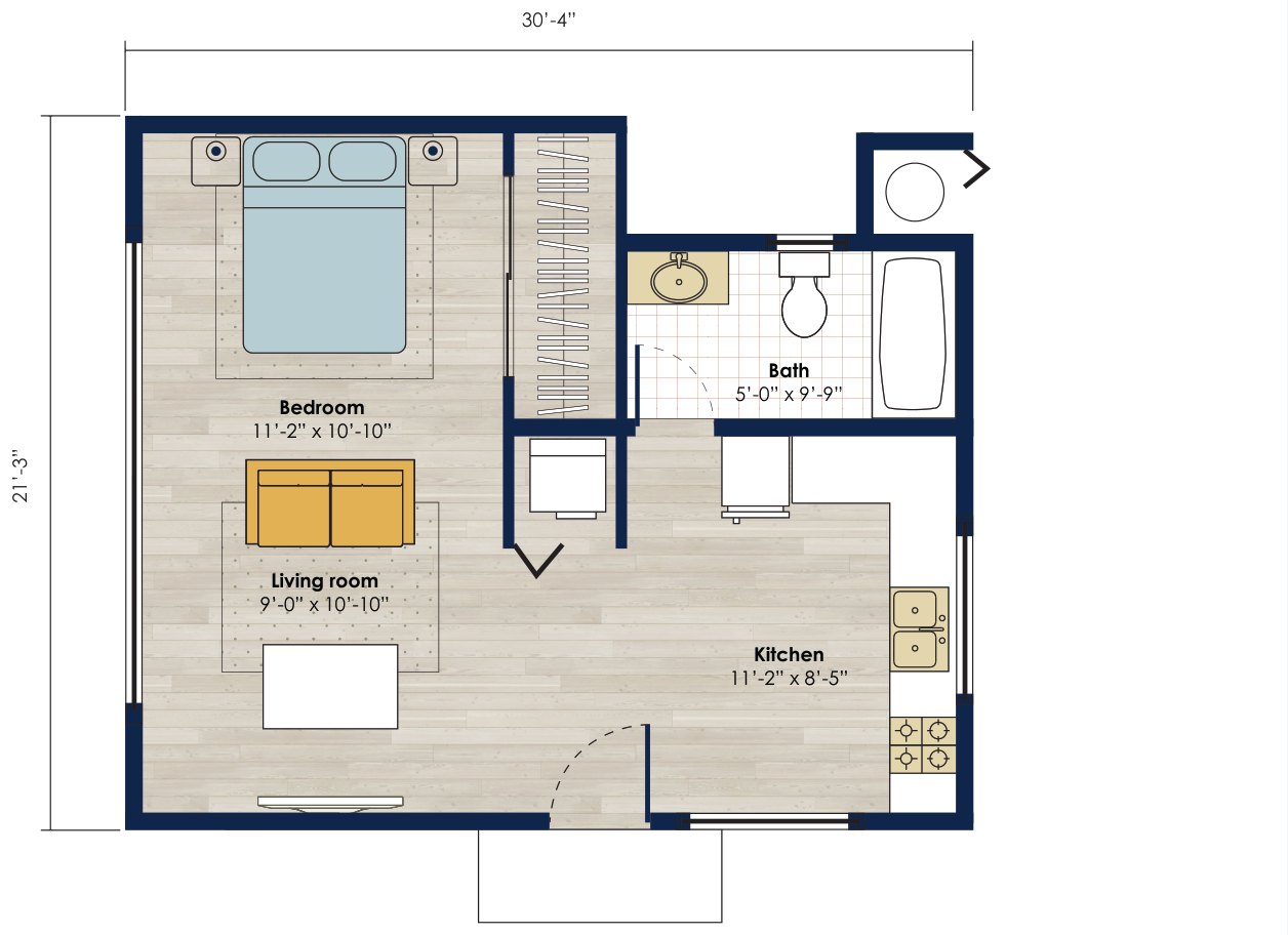 Floor plan: 490 square foot 1 bed, 1 bath accessory dwelling unit