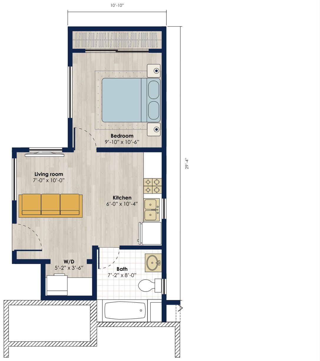 Floor plan: 500 square foot 1 bed, 1 bath accessory dwelling unit