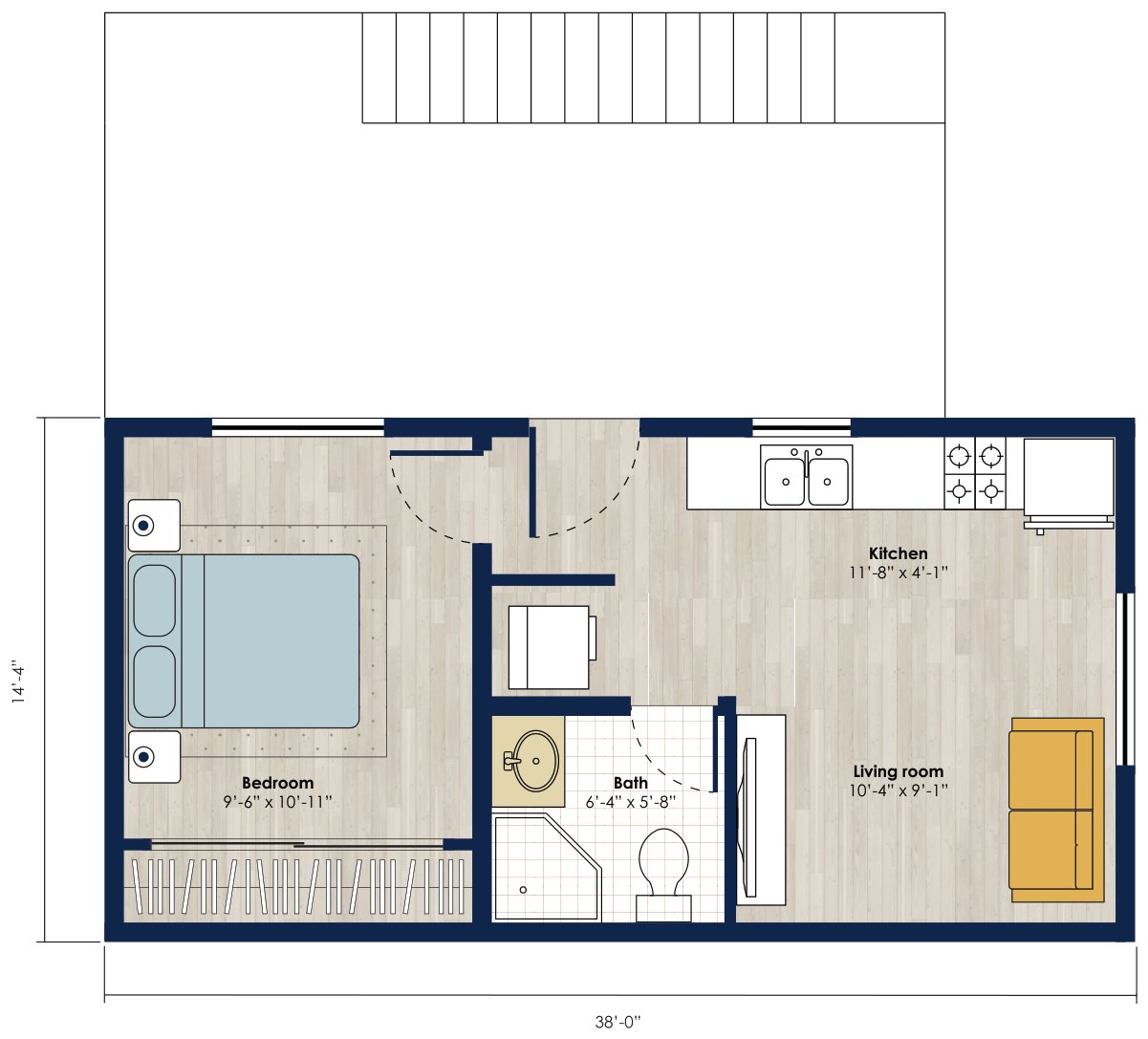 Floor plan: 545 square foot 1 bed, 1 bath accessory dwelling unit