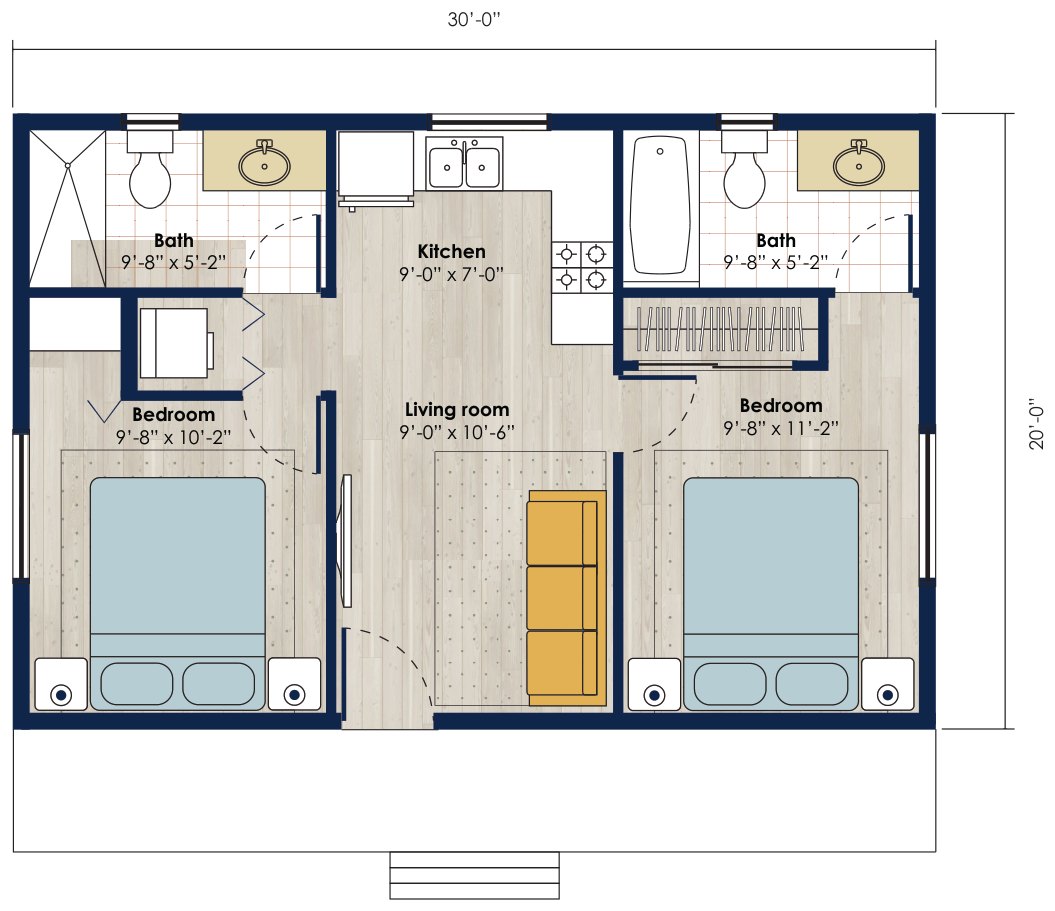Floor plan: 600 square foot 2 bed, 2 bath accessory dwelling unit
