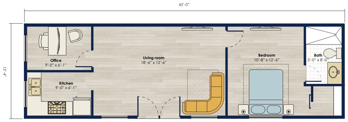 Floor plan: 600 square foot 1 bed, 1 bath accessory dwelling unit