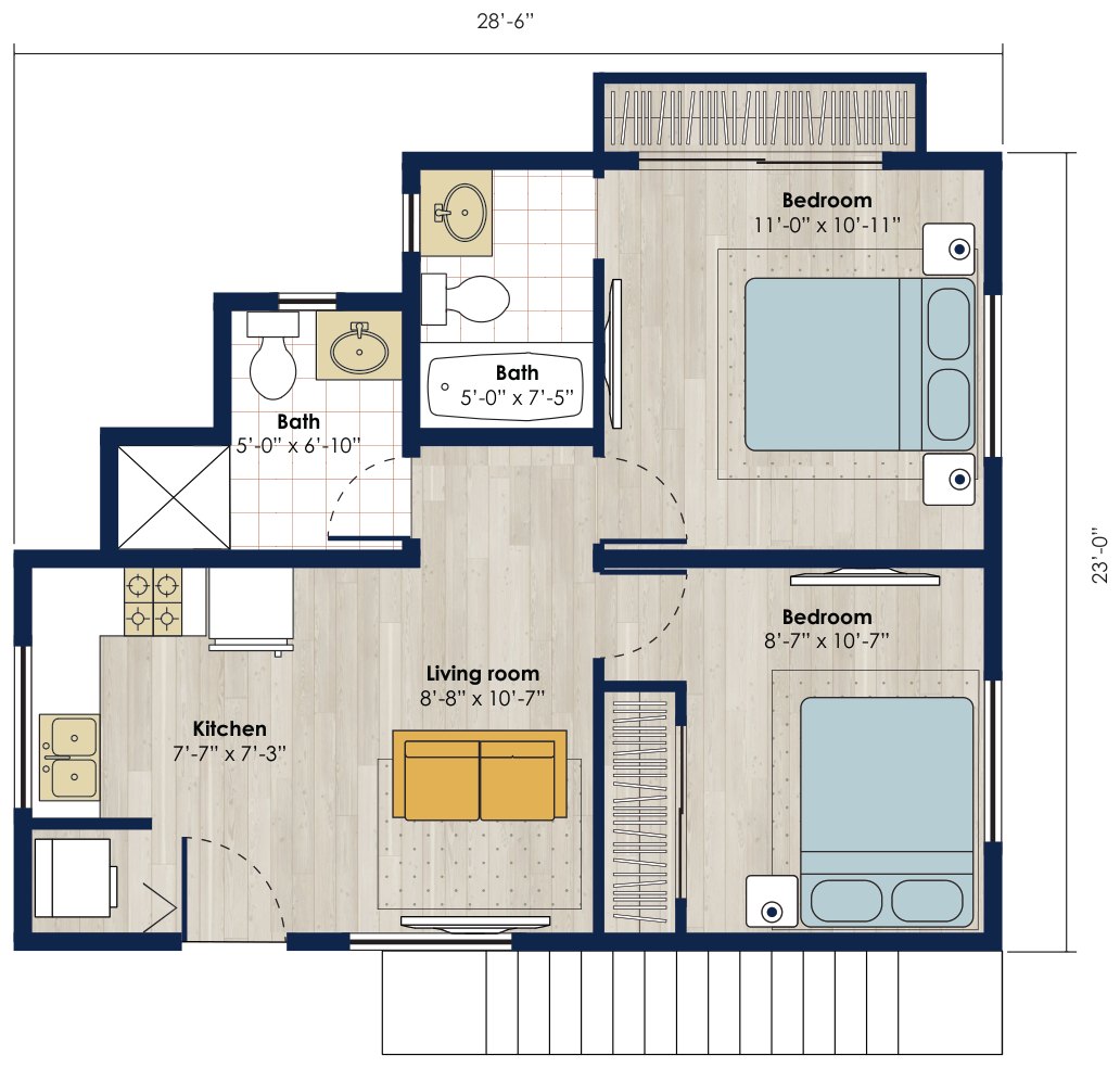 Floor plan: 605 square foot 2 bed, 2 bath accessory dwelling unit