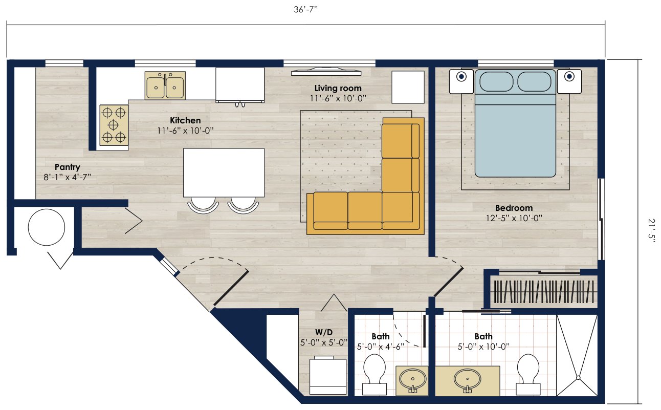 Floor plan: 661 square foot 1 bed, 2 bath accessory dwelling unit