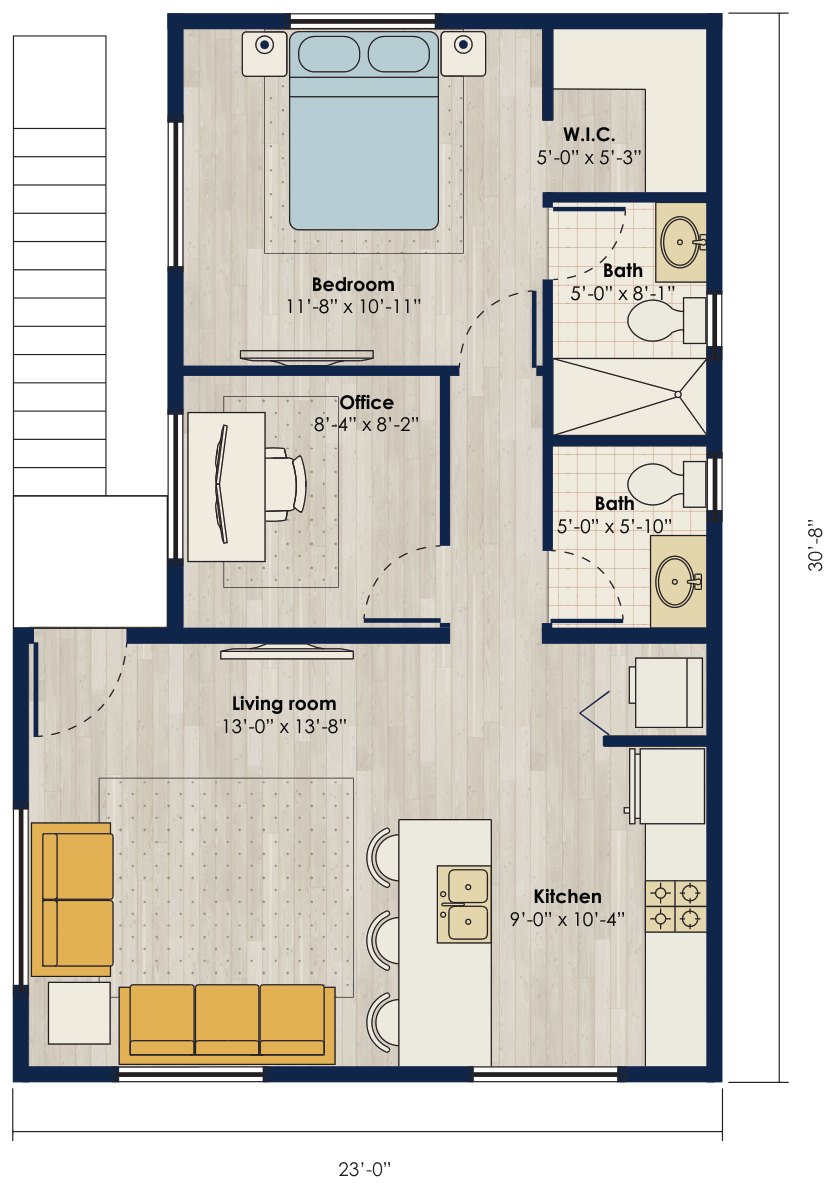 Floor plan: 697 square foot 1 bed, 1 bath accessory dwelling unit