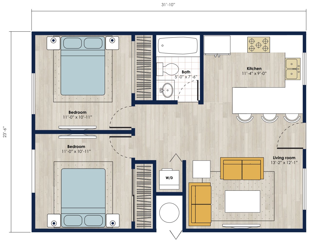 Floor plan: 722 square foot 2 bed, 1 bath accessory dwelling unit