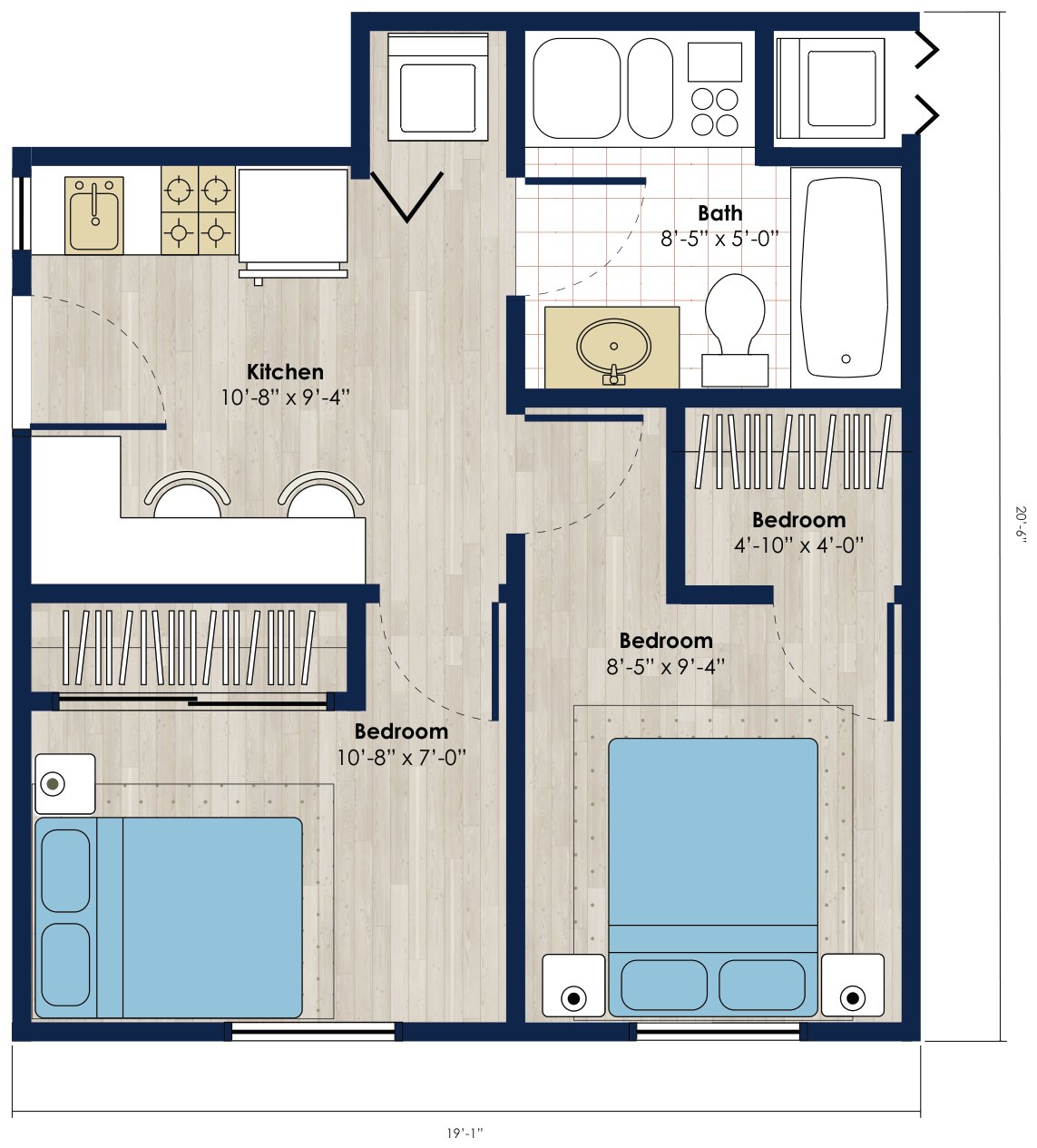 Floor plan: 1135 square foot 2 bed, 1 bath accessory dwelling unit