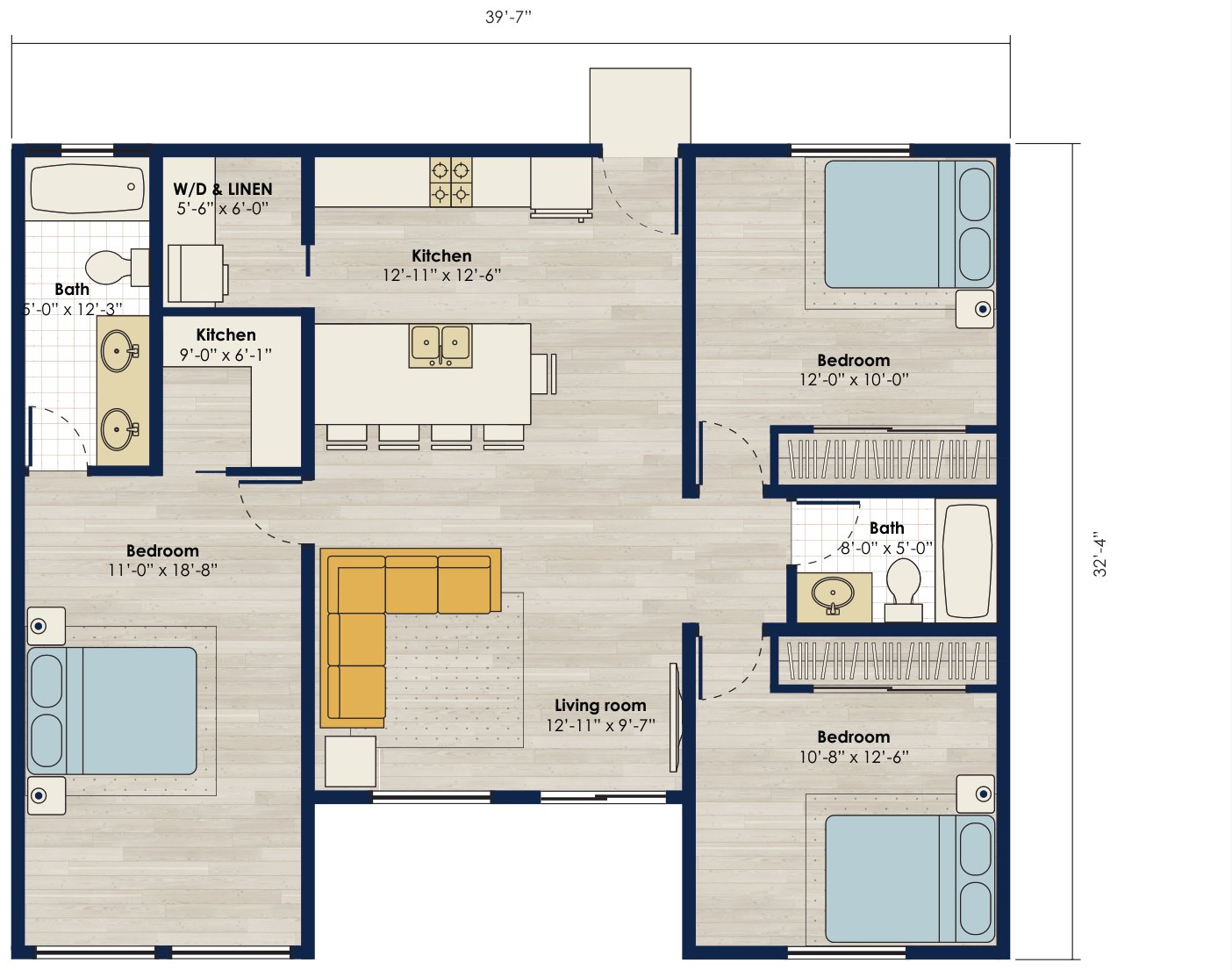 Floor plan: 1190 square foot 3 bed, 2 bath accessory dwelling unit