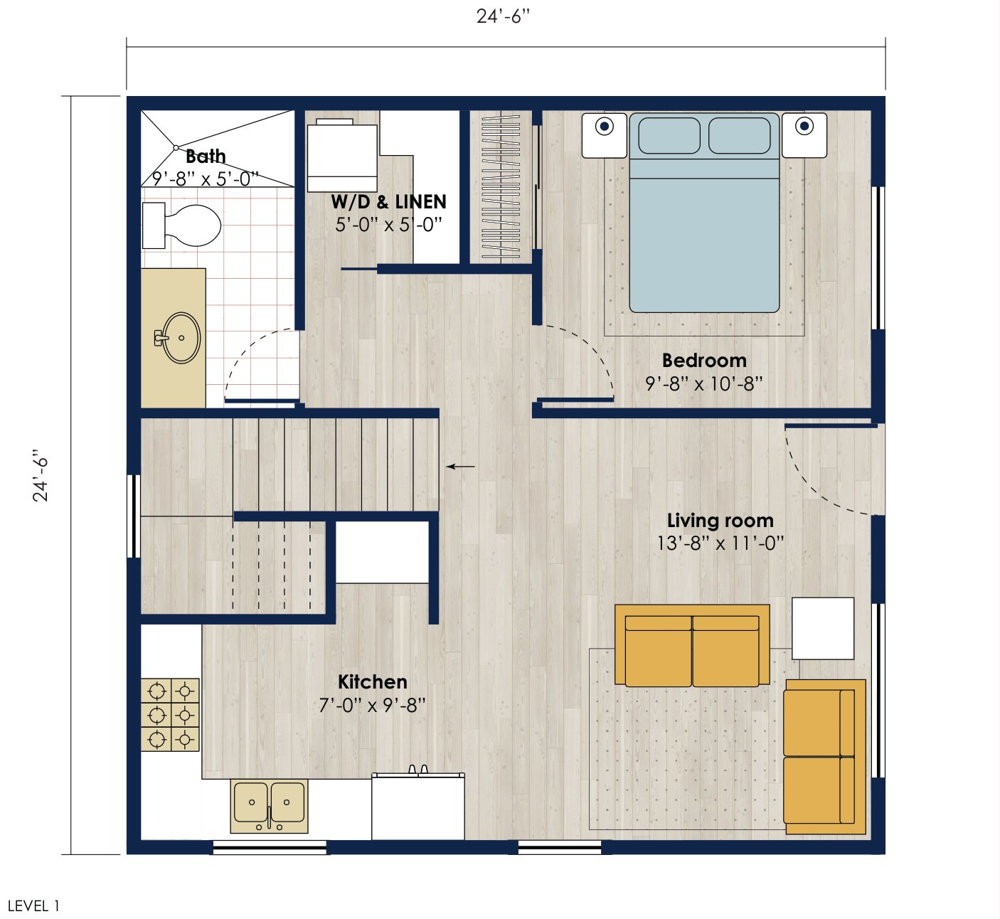 Floor plan: 1200 square foot 3 bed, 3 bath accessory dwelling unit