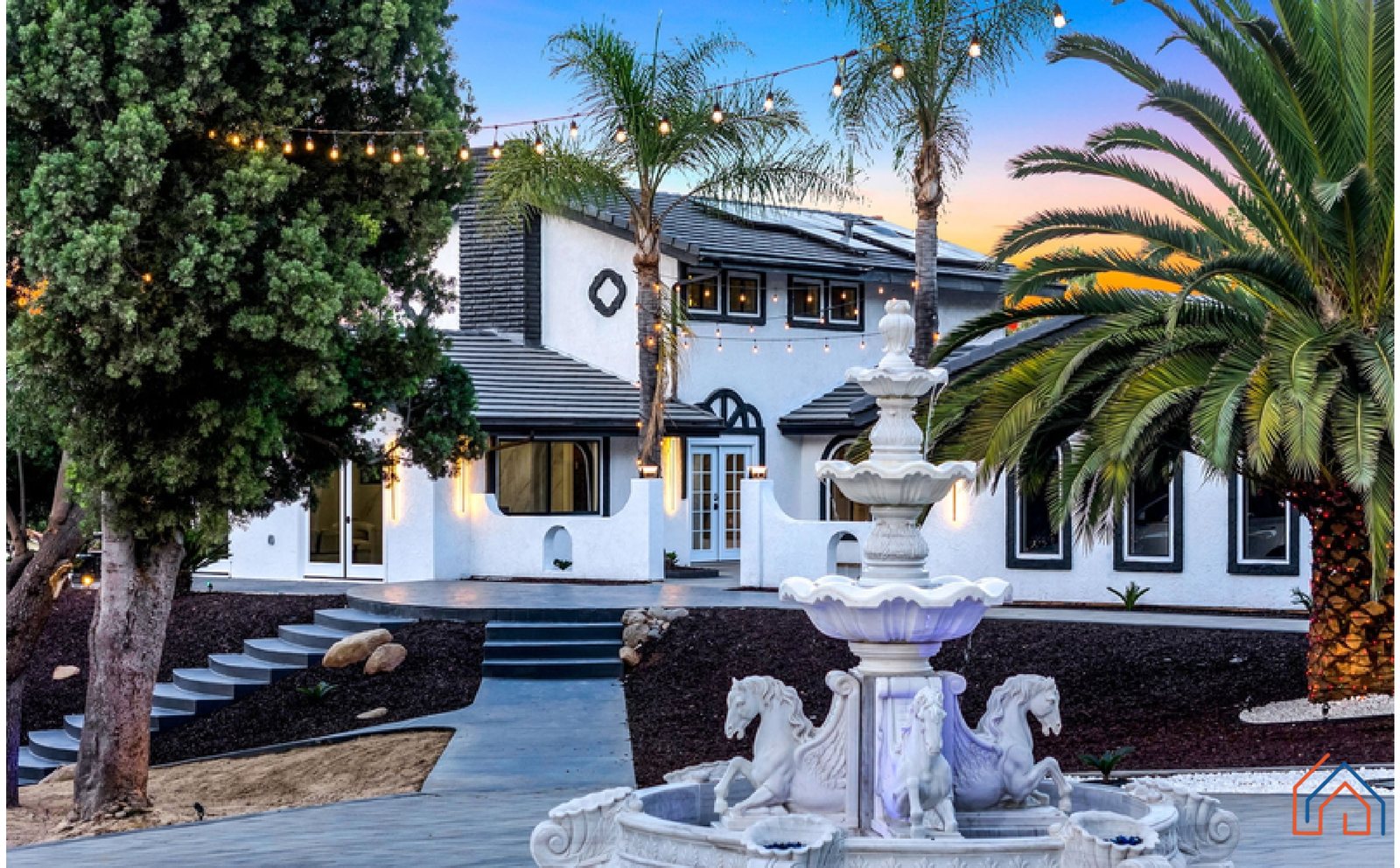 Estate exterior at twilight